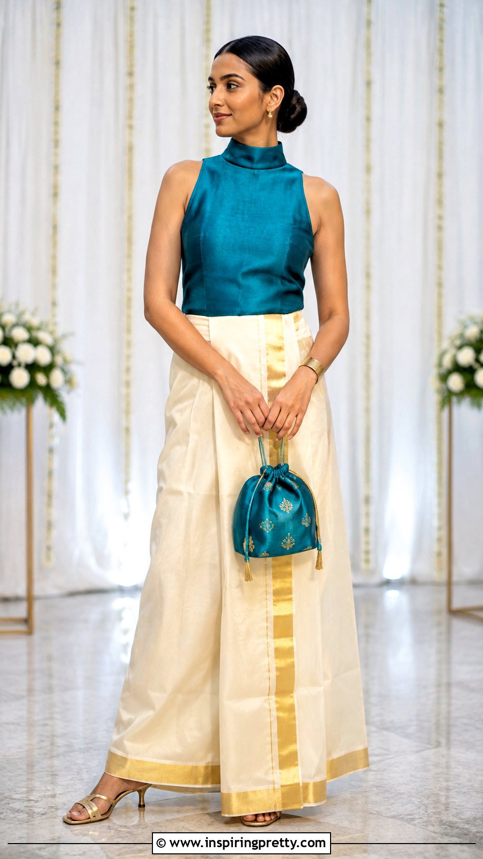 Kerala Kasavu Skirt And Teal High Neck Top - 50 kerala skirt and top designs
