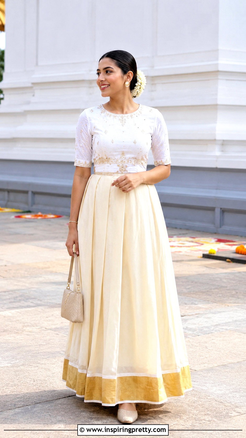 Kerala Kasavu Skirt And White Embroidered Top - 50 kerala skirt and top designs