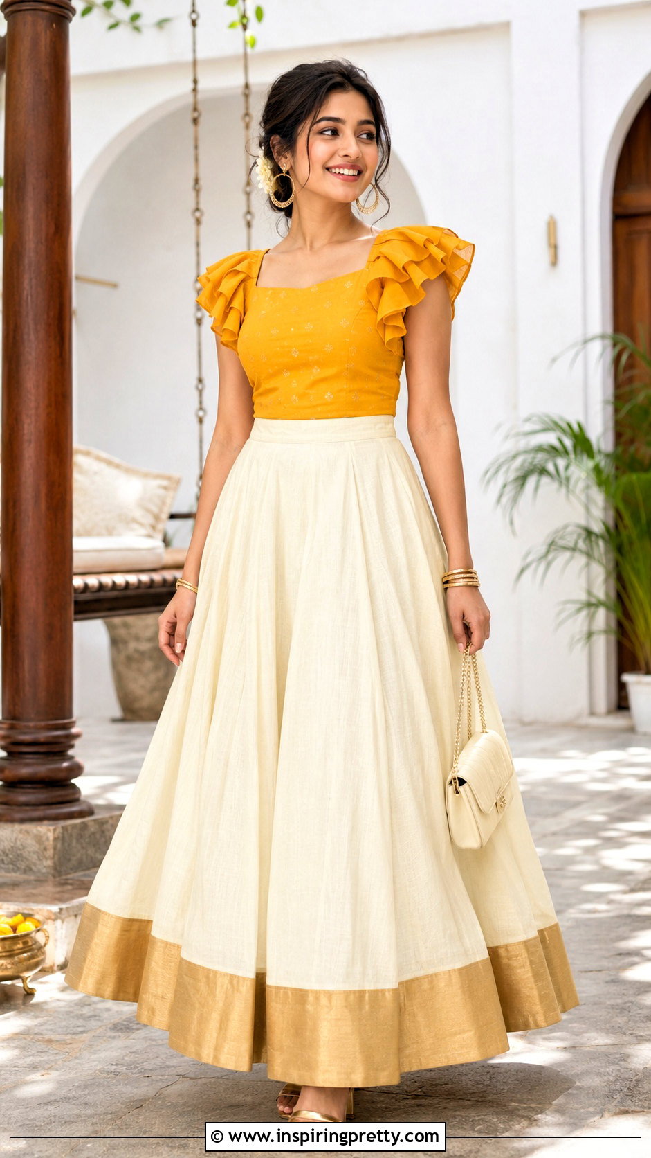 Kerala Kasavu Skirt And Yellow Ruffle Top - 50 kerala skirt and top designs