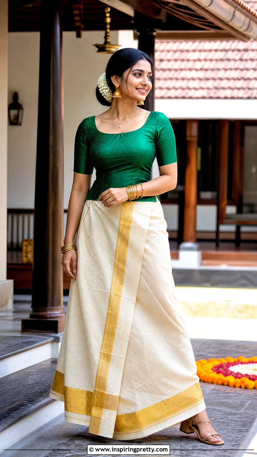 Kerala Kasavu Skirt With Green Blouse - 50 traditional skirt and top outfits