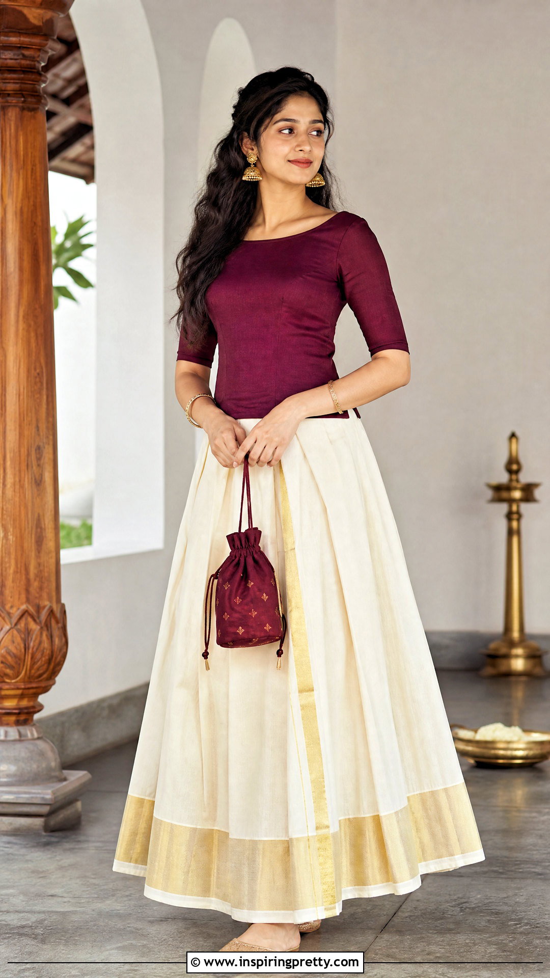 Kerala Kasavu Skirt With Maroon Top - 50 traditional skirt and top outfits