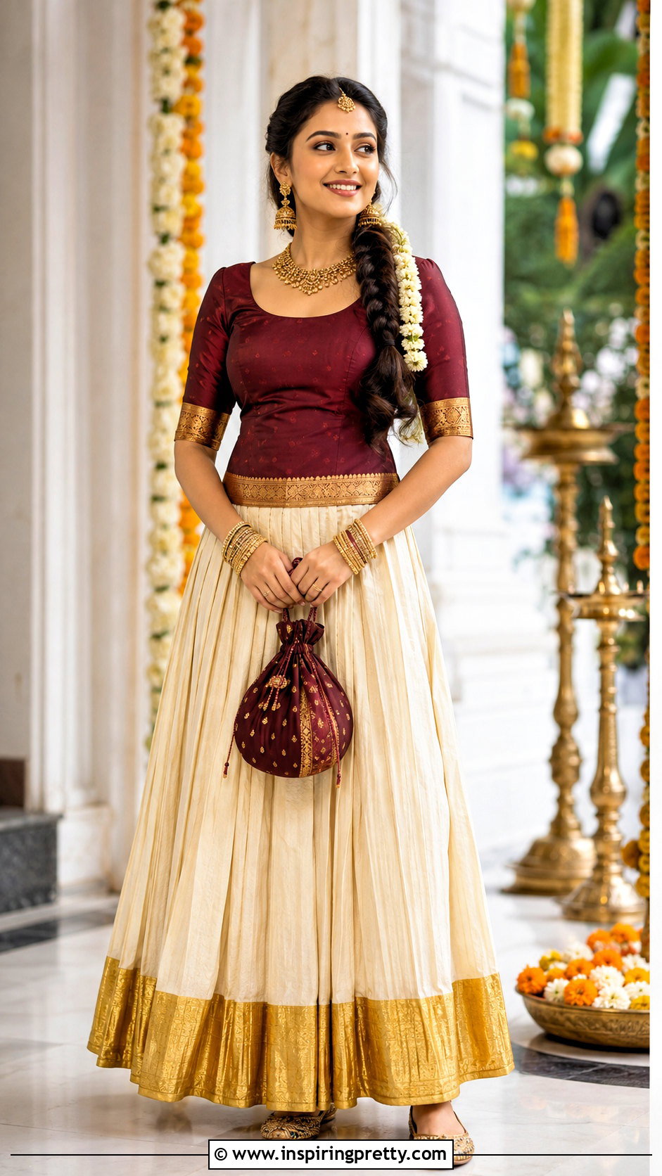 Kerala Pattu Pavada With Maroon Blouse - 50 traditional skirt and top kerala outfit ideas
