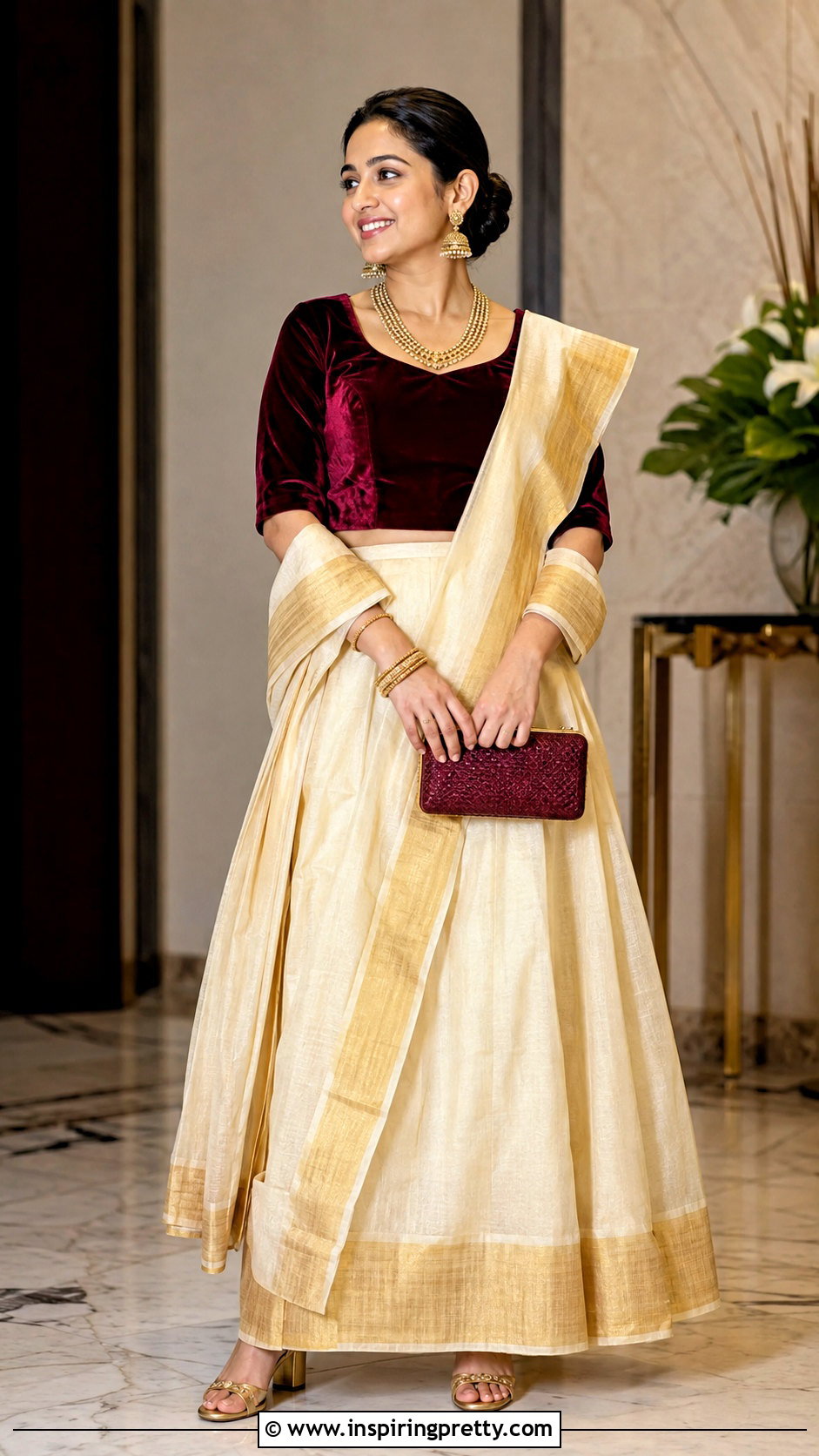 Kerala Skirt With Burgundy Velvet Blouse - 50 traditional skirt and top kerala outfit ideas
