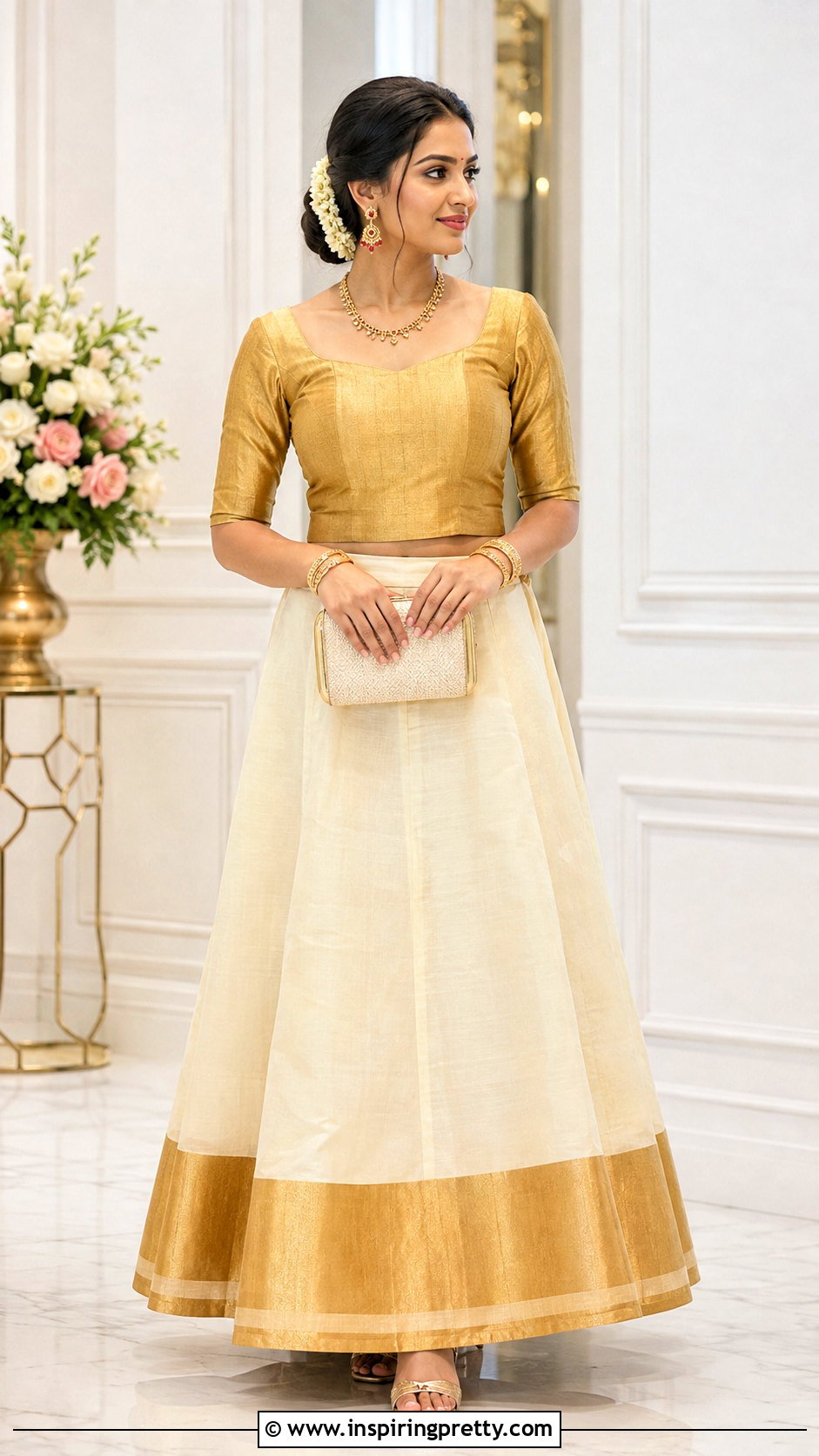 Kerala Skirt With Elbow Sleeve Gold Top - 50 traditional skirt and top kerala outfit ideas