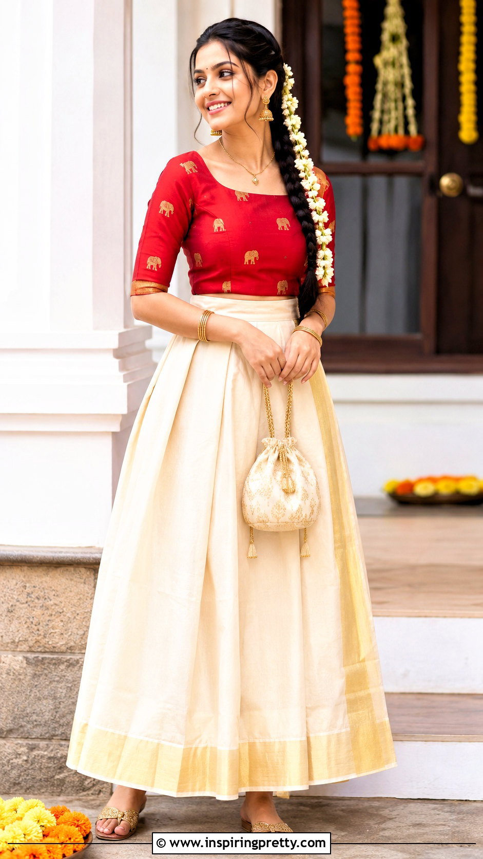 Kerala Skirt With Elephant Motif Blouse - 50 traditional skirt and top kerala outfit ideas