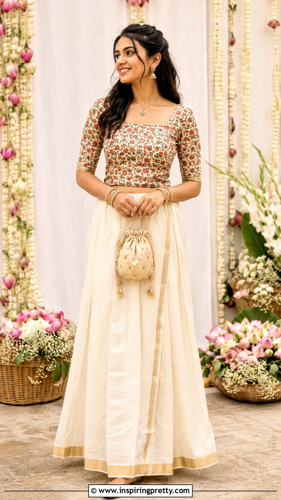 Kerala Skirt With Floral Cotton Blouse - 50 traditional skirt and top kerala outfit ideas