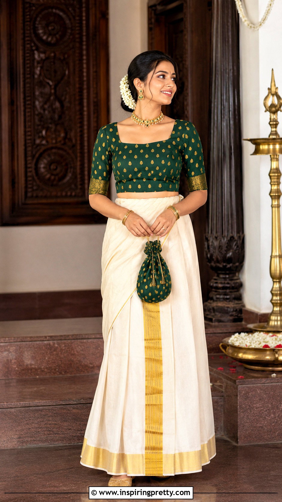 Kerala Skirt With Green Brocade Blouse - 50 traditional skirt and top kerala outfit ideas