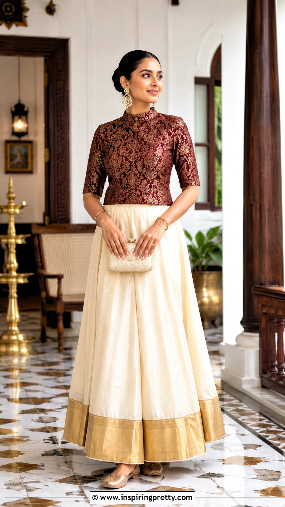 Kerala Skirt With High Neck Brocade Top - 50 traditional skirt and top kerala outfit ideas