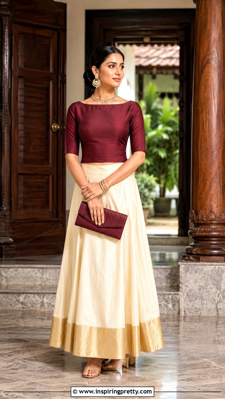 Kerala Skirt With Maroon Boat Neck Top - 50 traditional skirt and top kerala outfit ideas