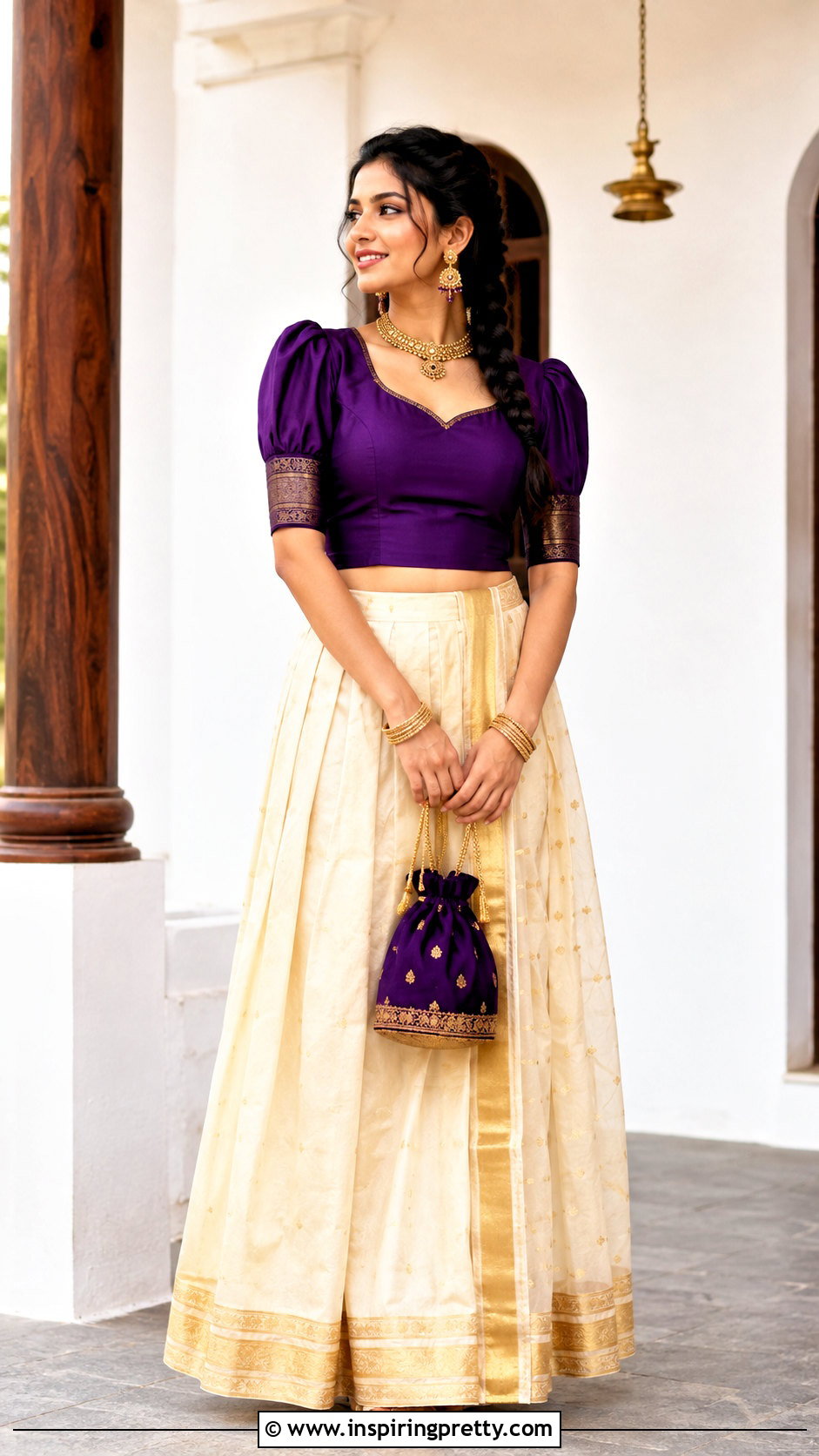 Kerala Skirt With Purple Puff Sleeve Blouse - 50 traditional skirt and top kerala outfit ideas