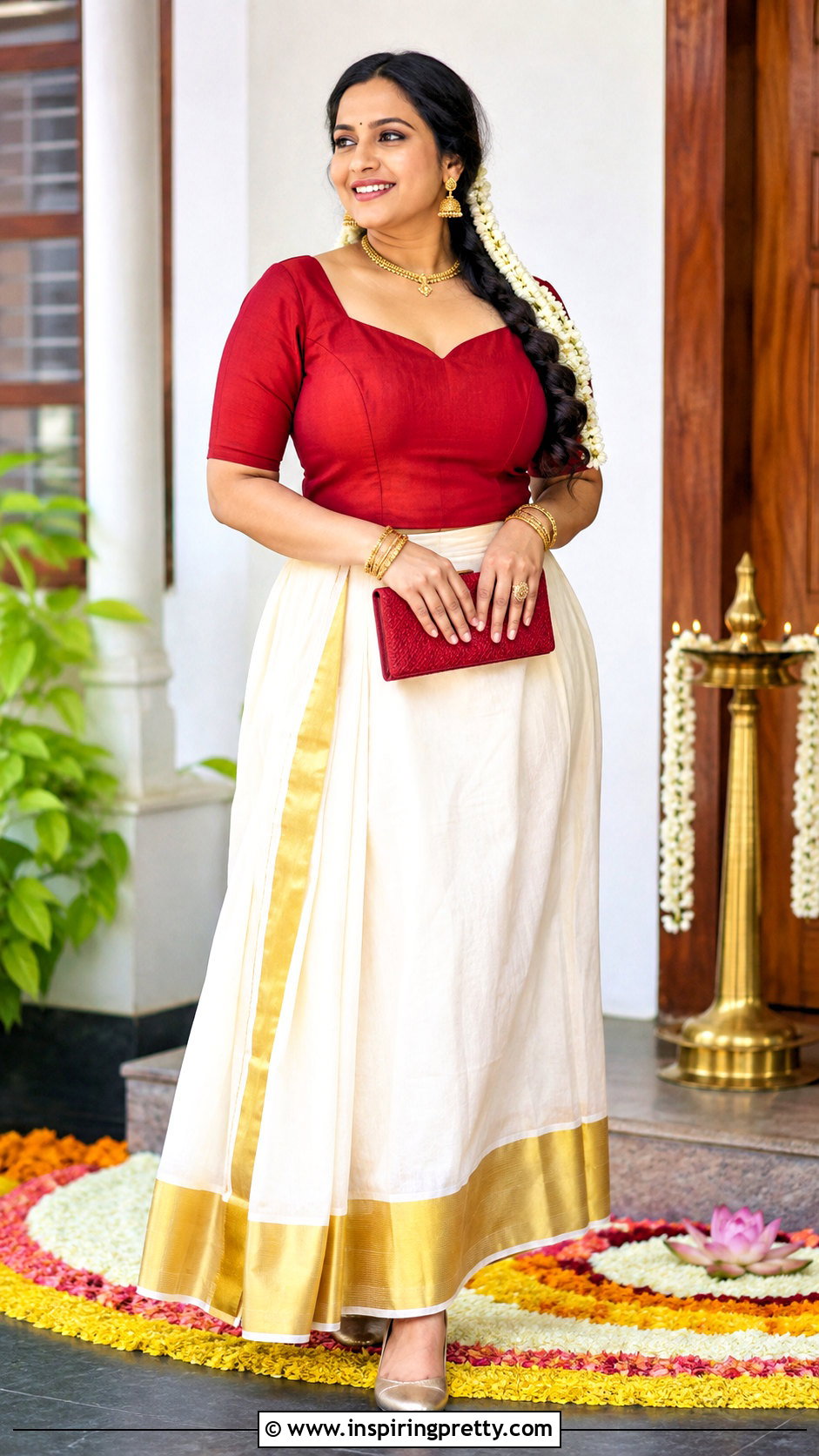 Kerala Skirt With Red Princess Cut Blouse - 50 traditional skirt and top kerala outfit ideas
