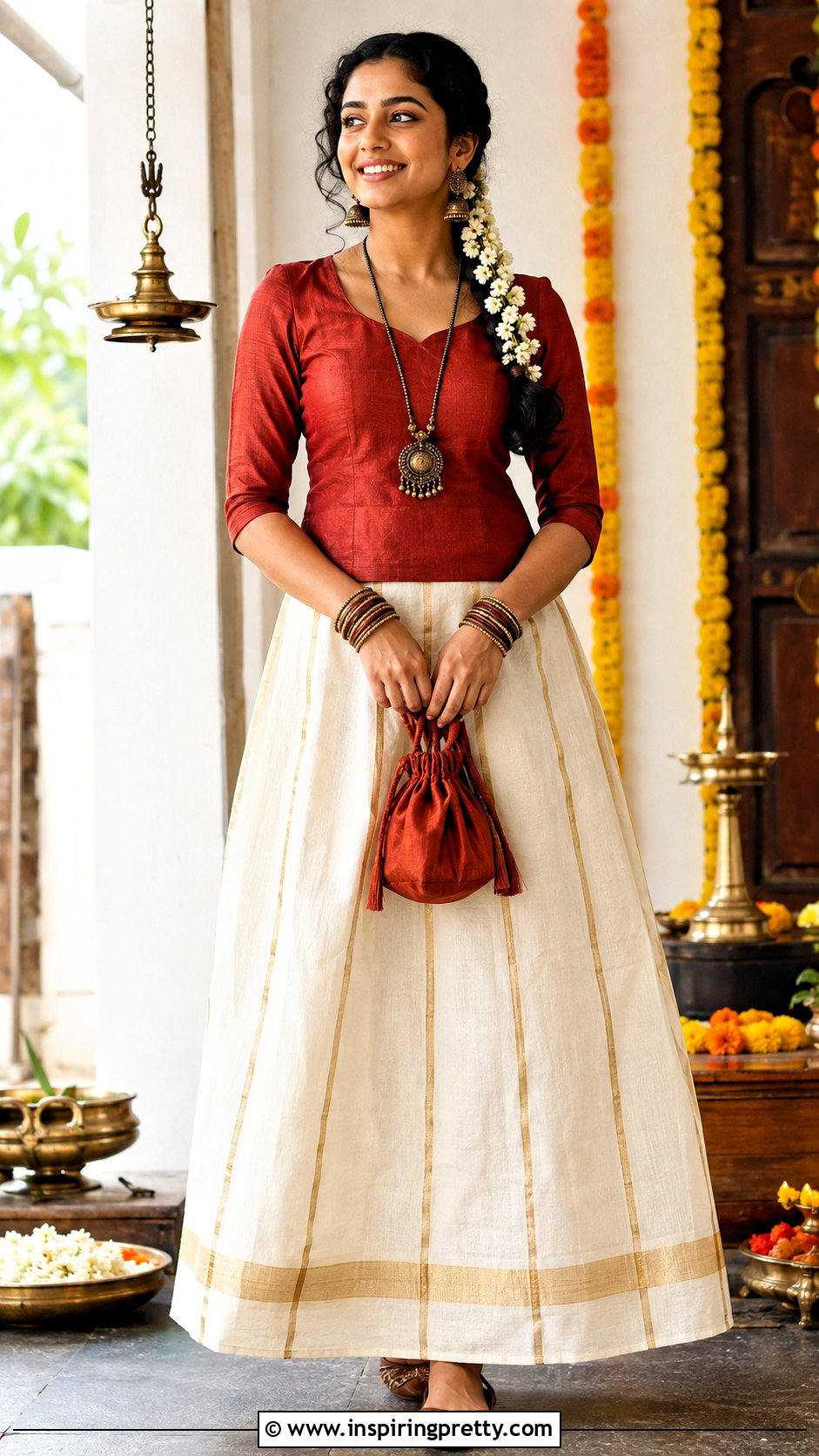 Kerala Skirt With Rust Red Blouse - 50 traditional skirt and top kerala outfit ideas