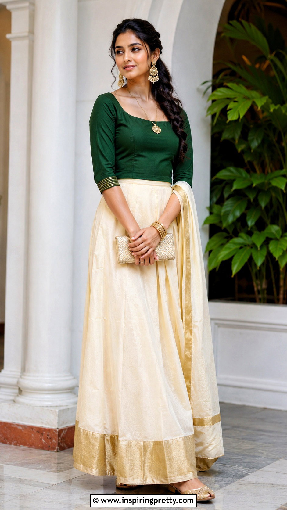Kerala Skirt With Three Quarter Sleeve Blouse - 50 traditional skirt and top kerala outfit ideas