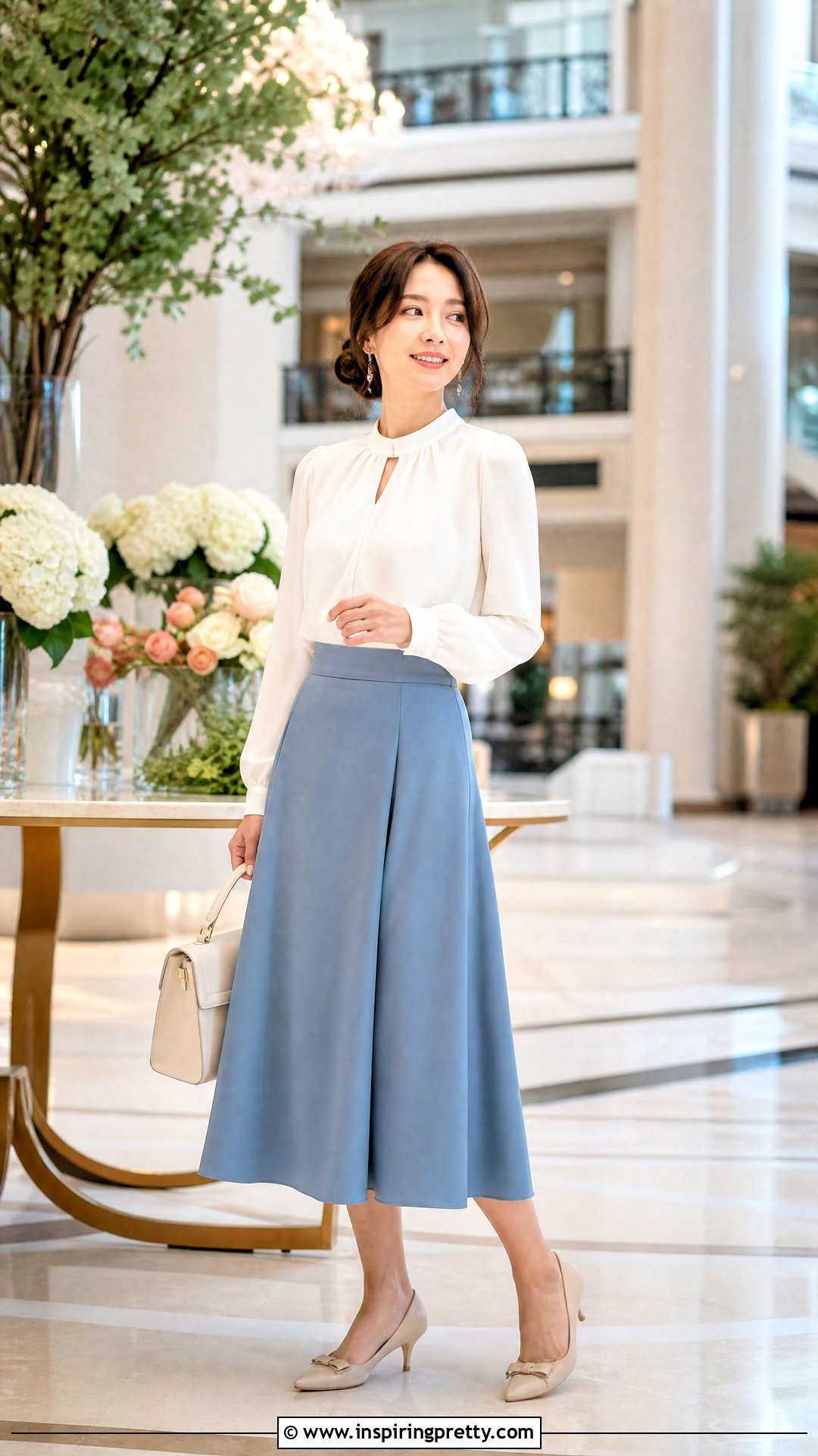 Keyhole Neck Blouse With Midi Skirt - 50 elegant tops for women