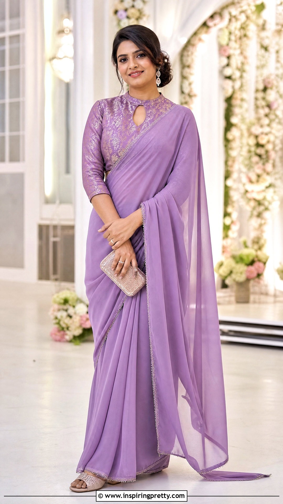 Keyhole Neck Brocade Top With Georgette Saree - 50 brocade top designs
