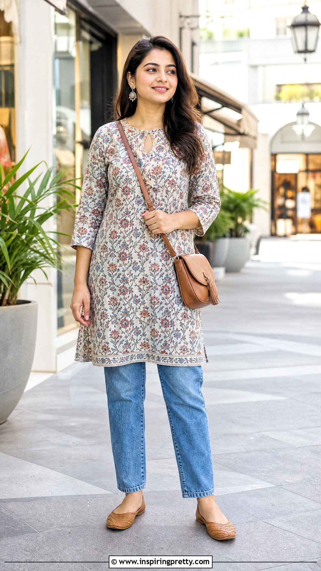 Keyhole Neck Kurti With Blue Jeans - 50 jeans tops indian style for women