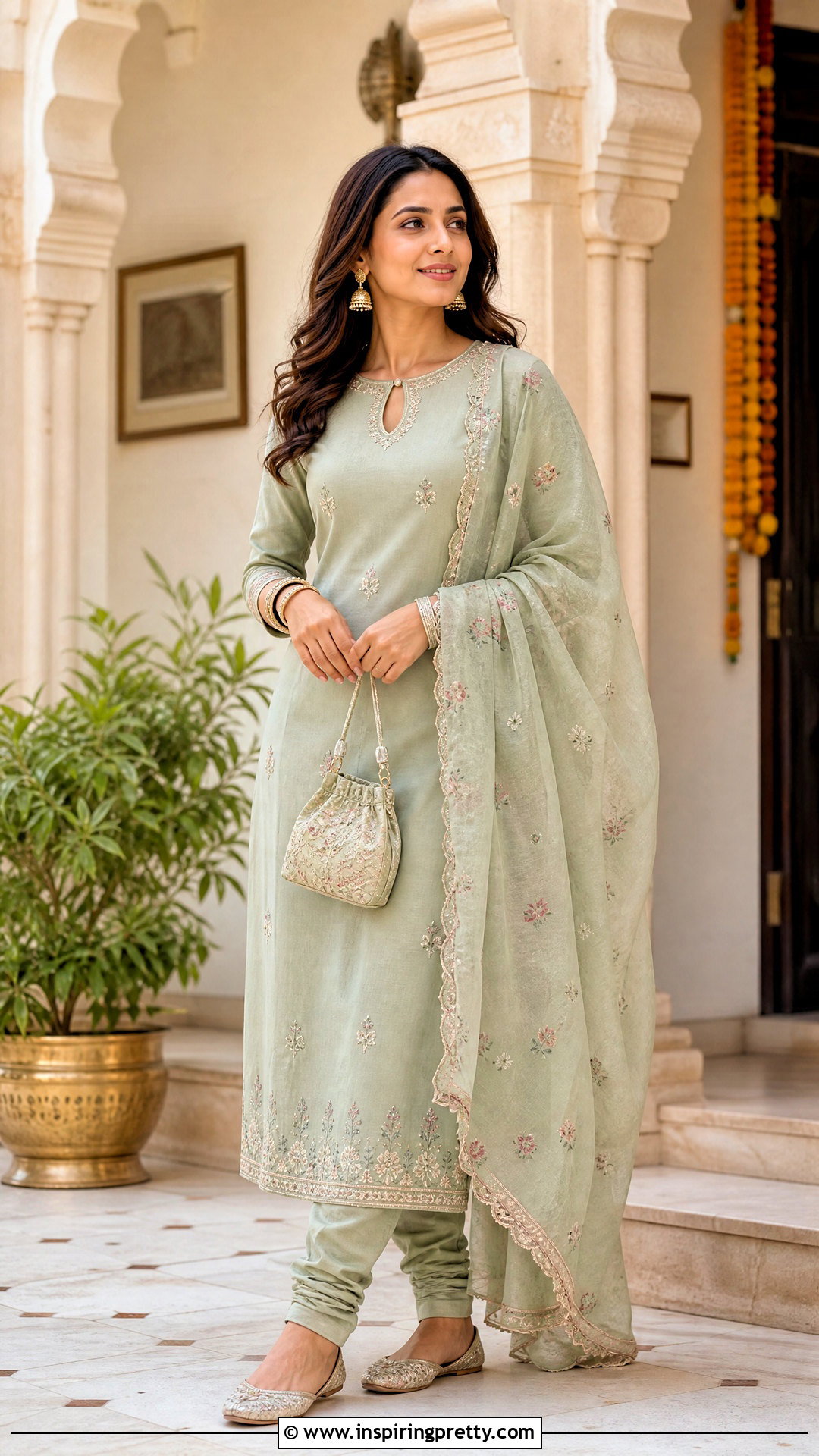 Keyhole Neck Kurti With Churidar - 20 kurthi tops neck designs