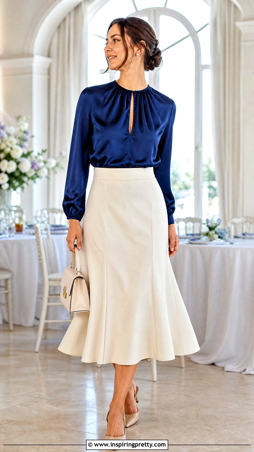 Keyhole Satin Top With Midi Skirt - 50 Satin Top Designs
