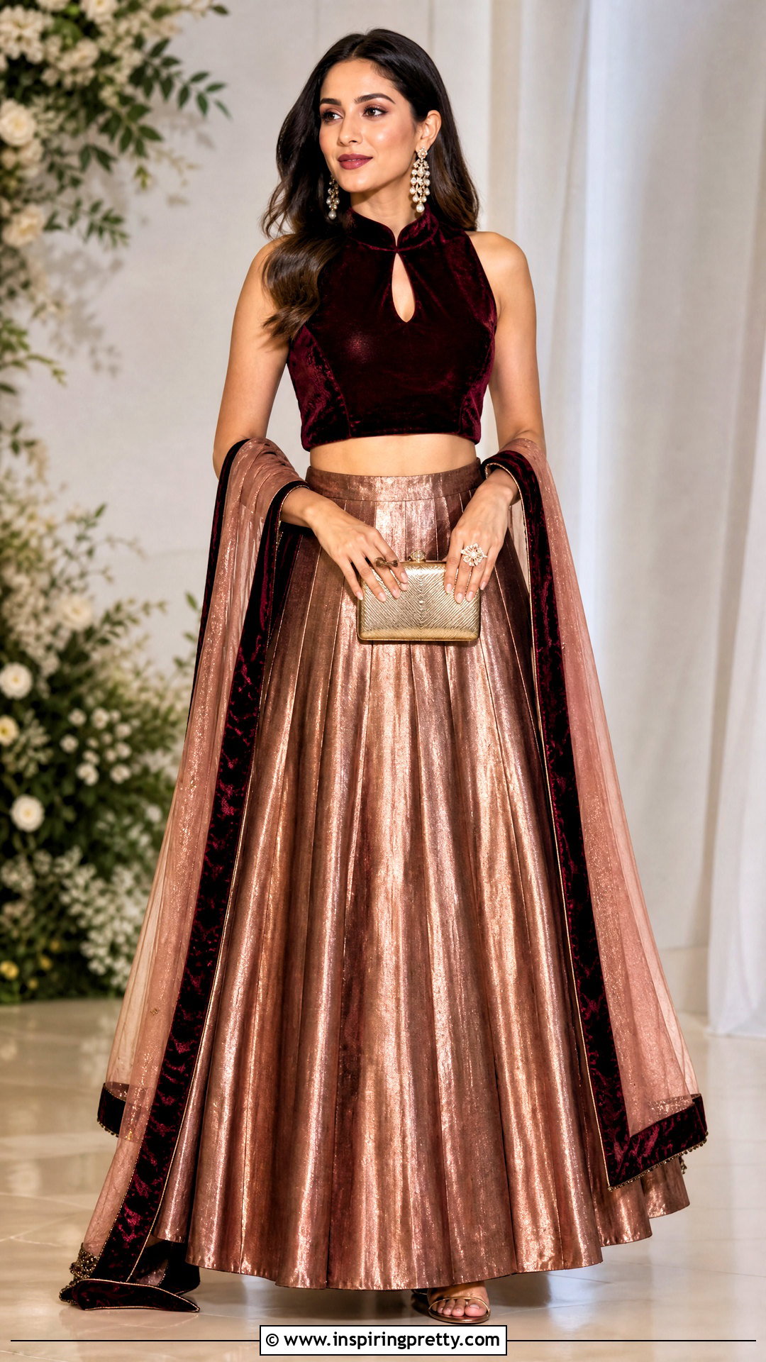 Keyhole Velvet Crop Top With Metallic Lehenga - 50 velvet crop top designs for lehengas