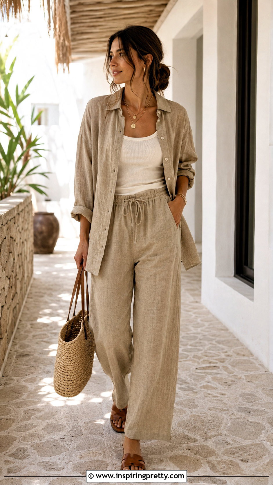 Khaki Linen Shirt With Matching Pants - 50 khaki top outfit ideas