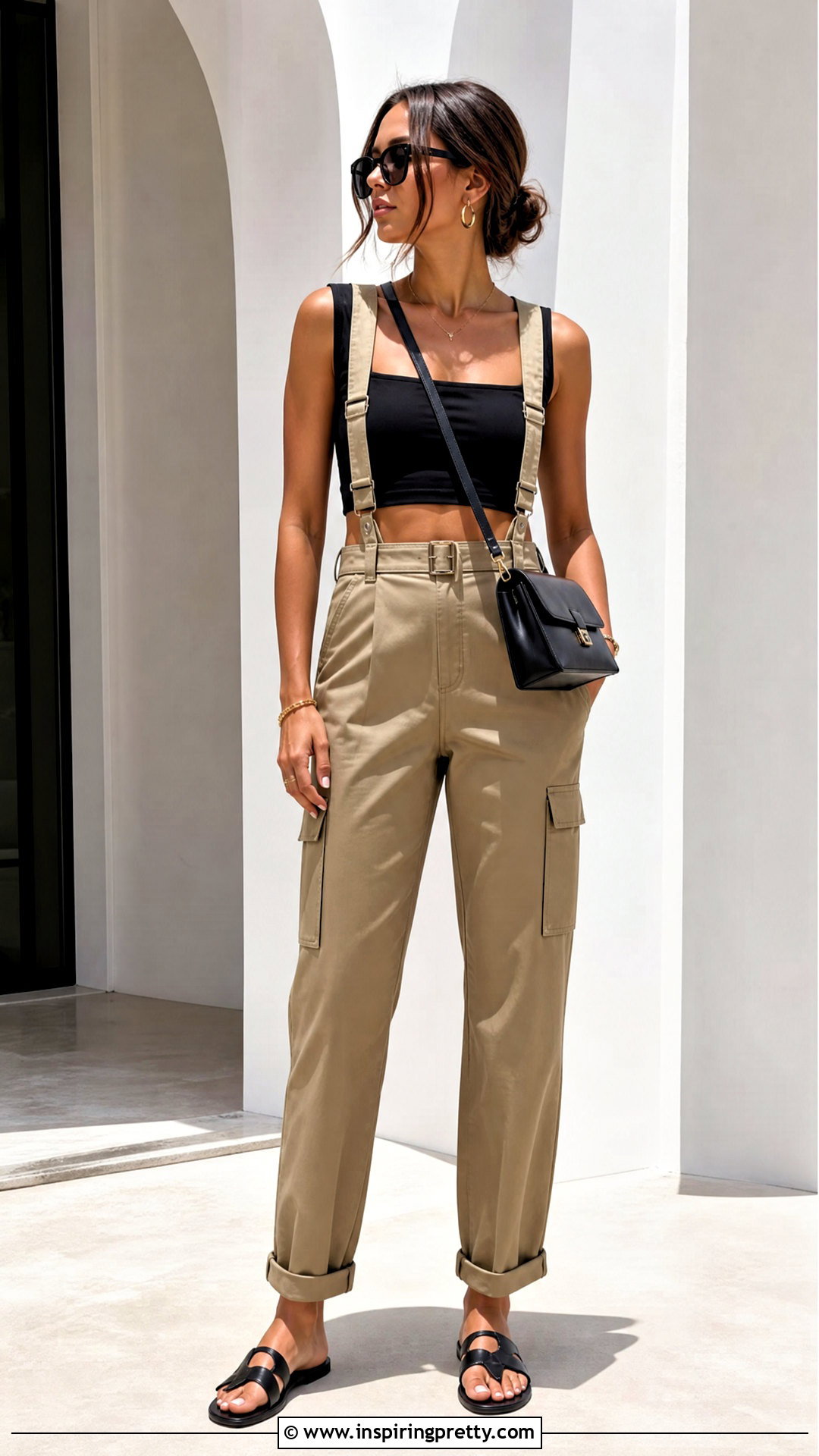 Khaki Overalls With Black Crop Top - 25 crop top overalls outfit ideas