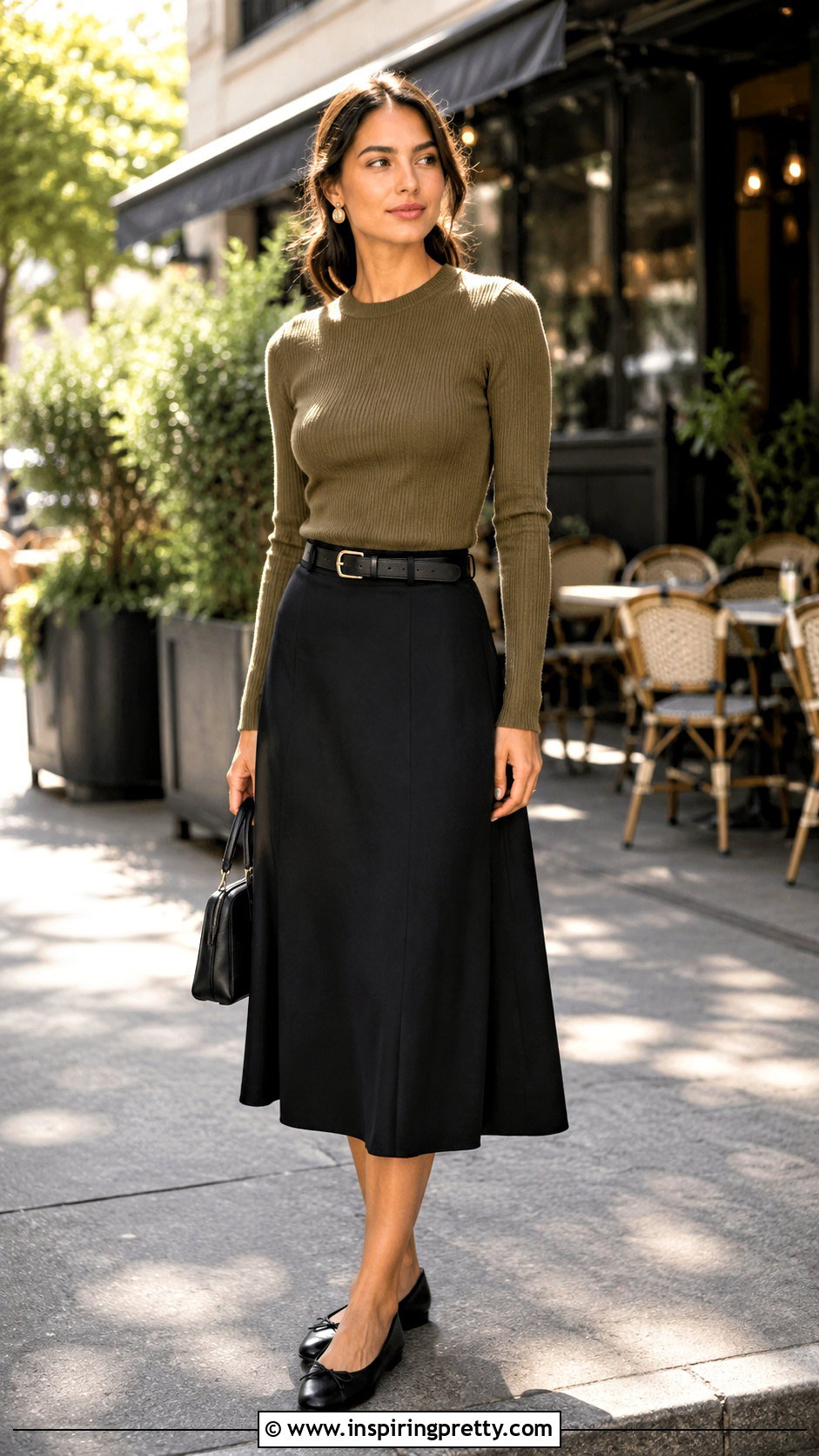 Khaki Top With Black Midi Skirt - 50 khaki top outfit ideas