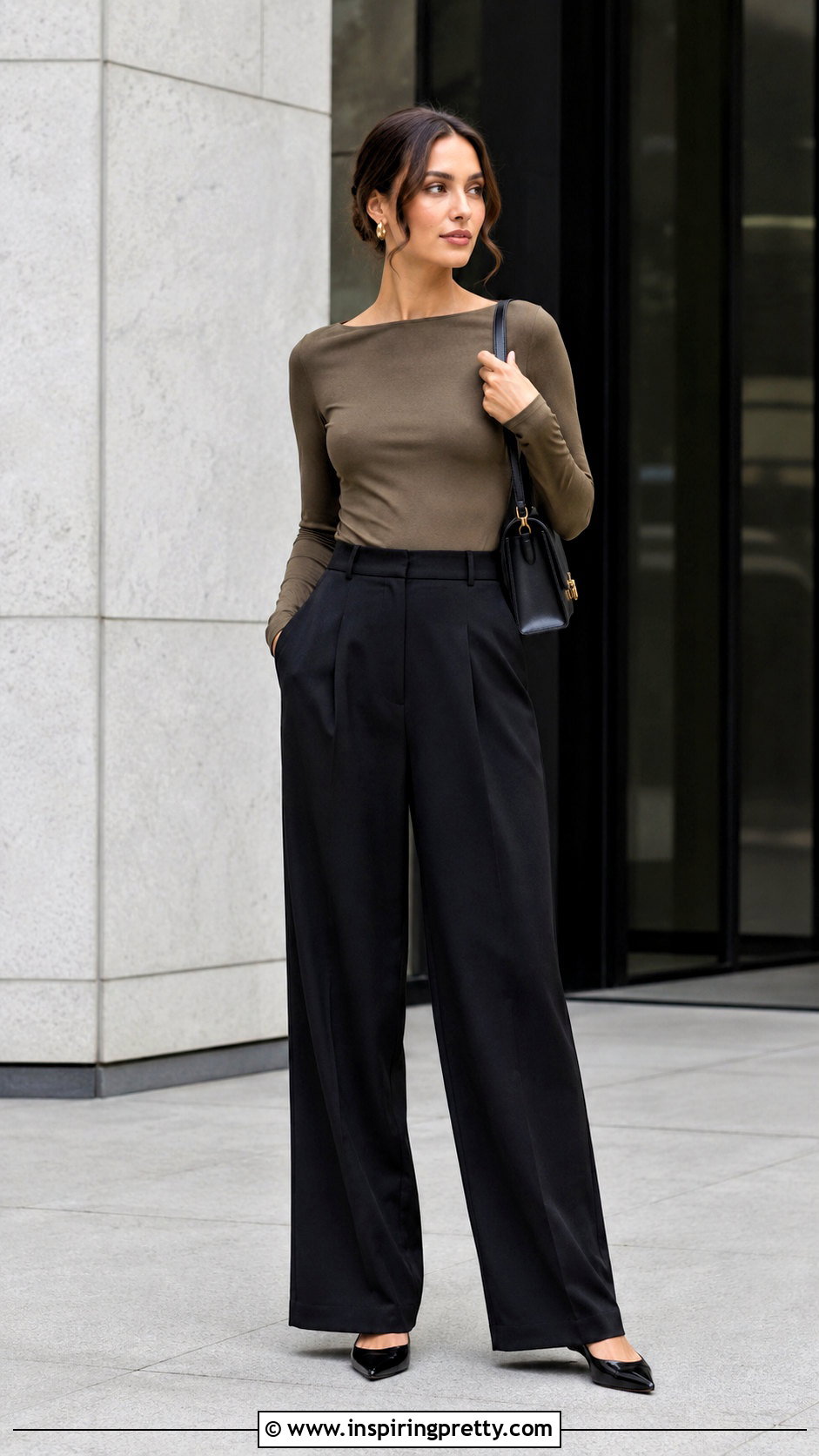 Khaki Top With Black Wide Leg Pants - 50 khaki top outfit ideas