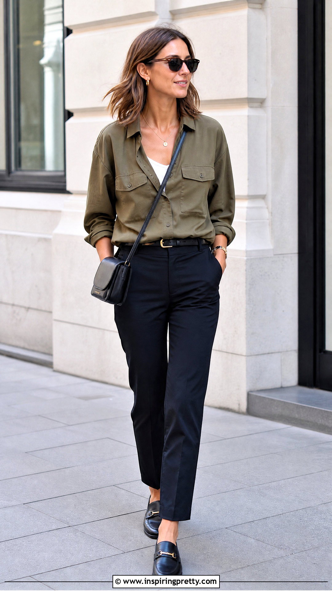Khaki Utility Shirt With Black Pants - 20 Neutral Color Tops Collections