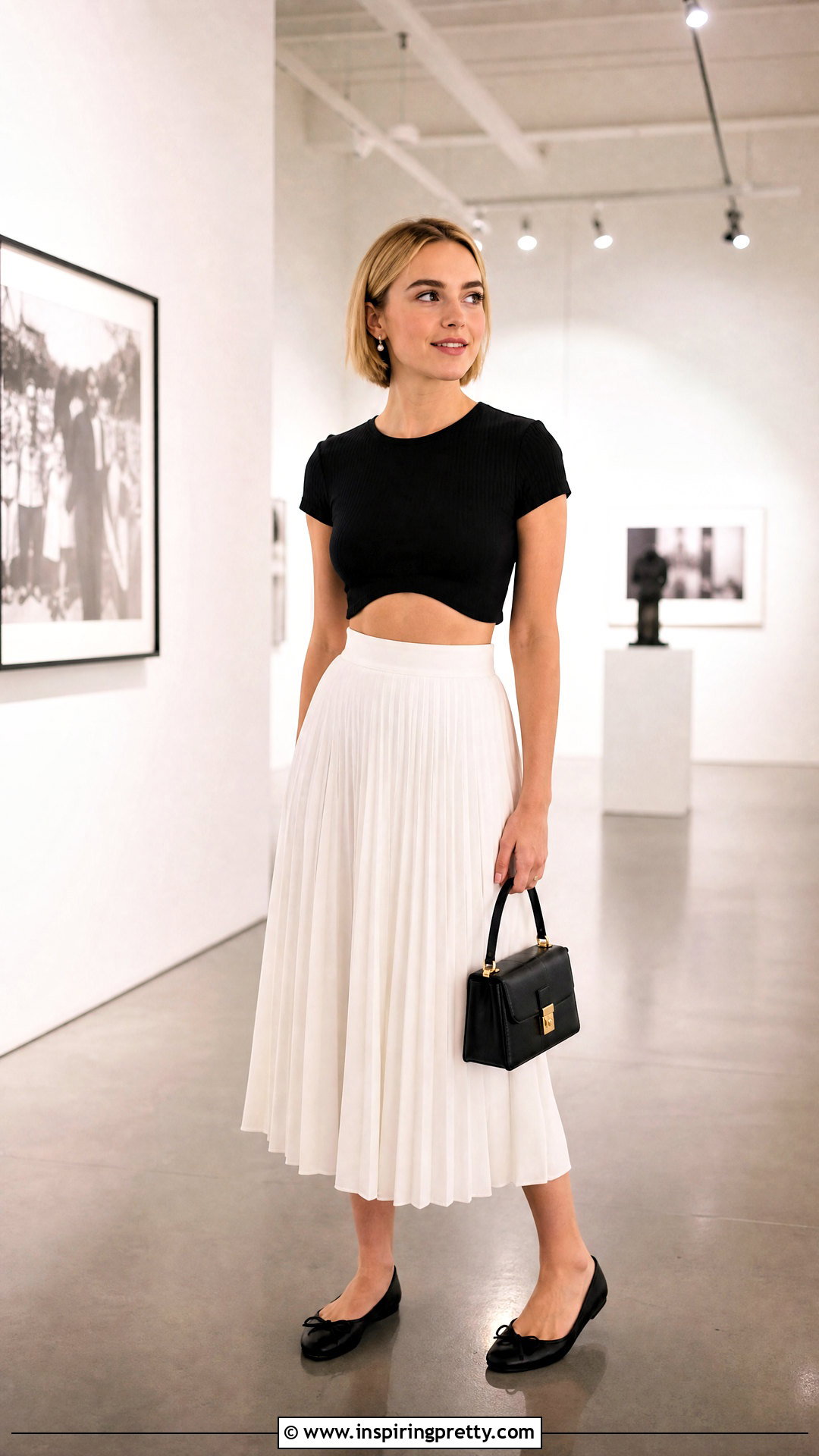 Kiernan Shipka Black Crop Top And White Pleated Skirt Outfit - 20 kiernan shipka crop top outfit ideas