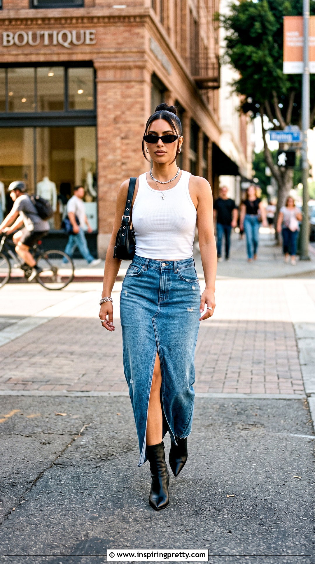 Kim Kardashian White Tank Top With Denim Maxi Skirt - 25 Kim Kardashian White Tank Top outfit ideas