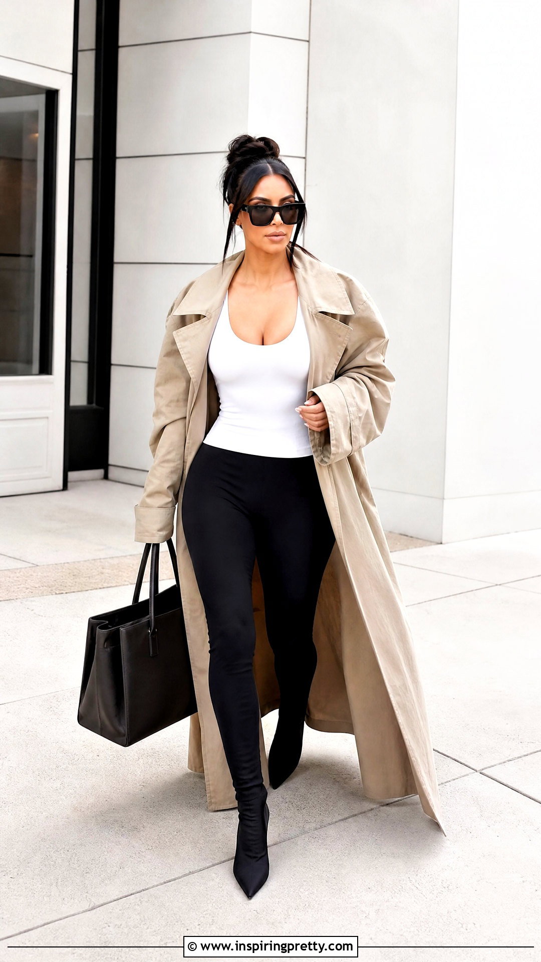 Kim Kardashian White Tank Top With Leggings And Trench Coat - 25 Kim Kardashian White Tank Top outfit ideas