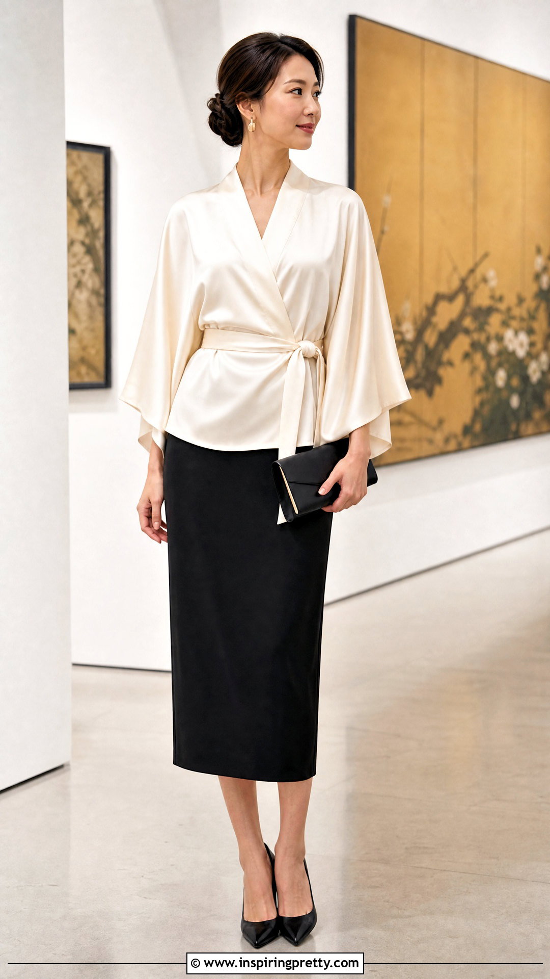 Kimono Sleeve Satin Top With Column Skirt - 50 Satin Top Designs