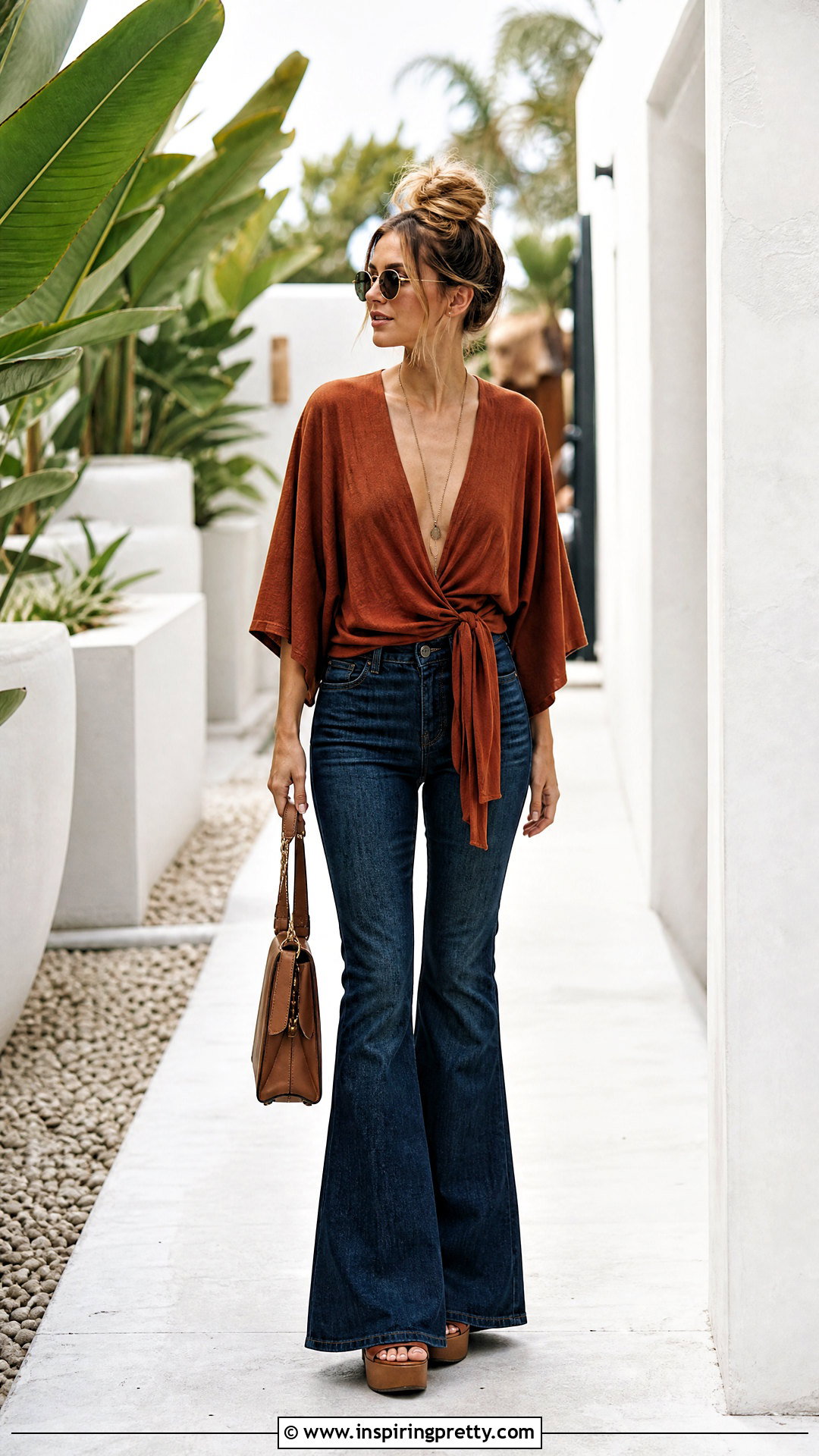 Kimono Sleeve Top With Flared Jeans - 50 tops for broad shoulders for women