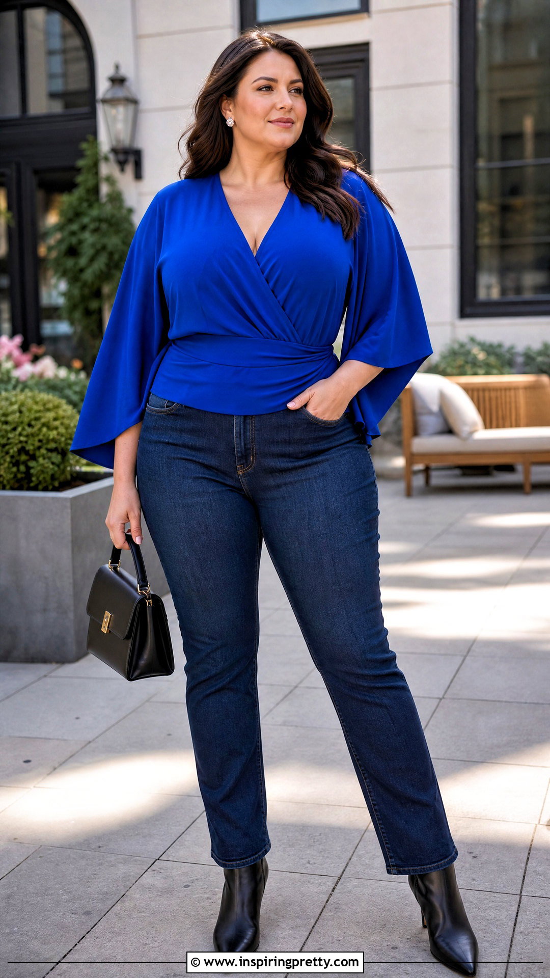 Kimono Sleeve Top With Slim Jeans - 50 busty women tops outfit ideas