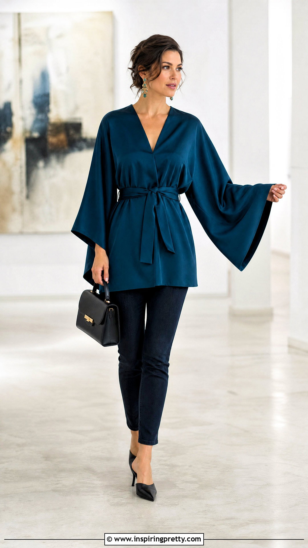 Kimono Sleeve Tunic Top With Slim Jeans - 20 boutique tunic tops outfit ideas