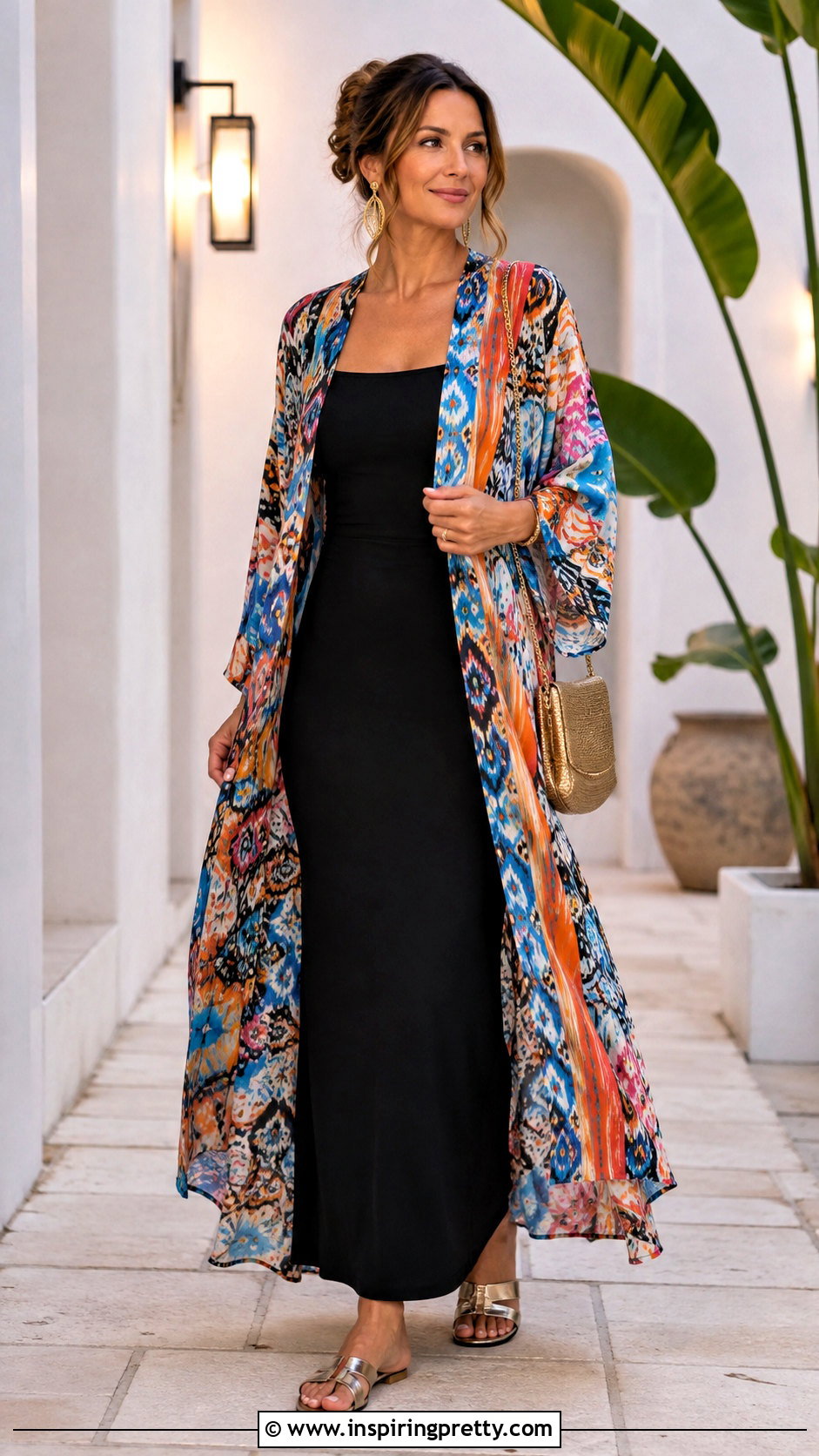 Kimono Top With A Black Maxi Dress - 50 kimono top outfit ideas