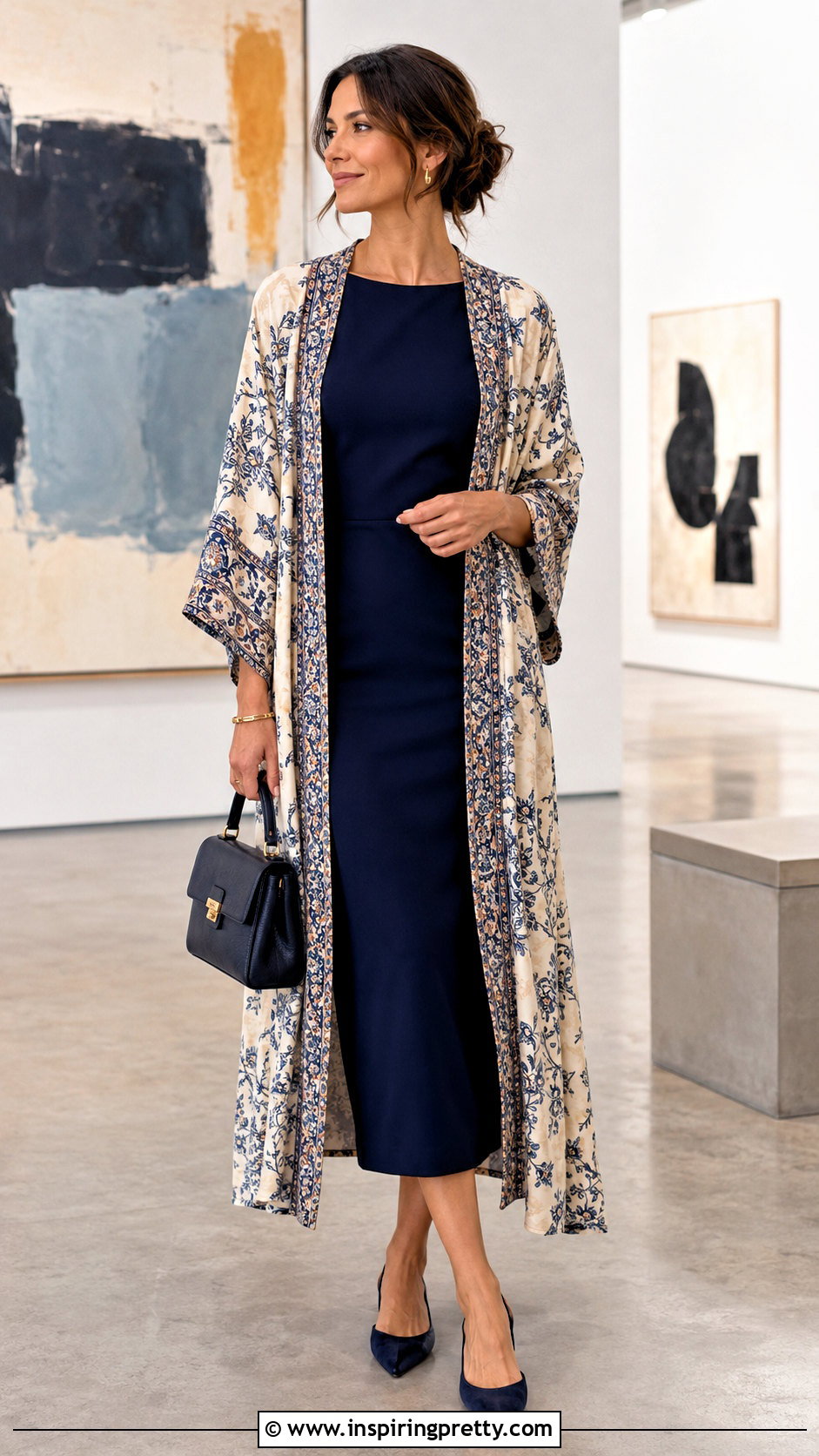 Kimono Top With A Column Midi Dress - 50 kimono top outfit ideas