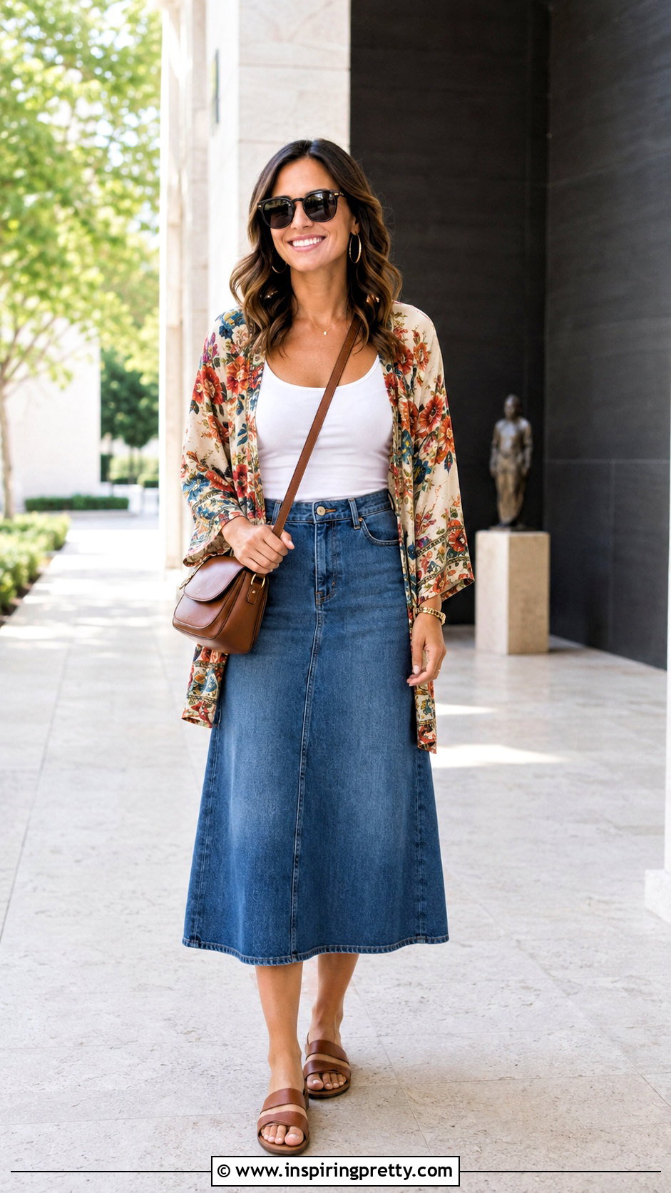 Kimono Top With A Denim Skirt - 50 kimono top outfit ideas