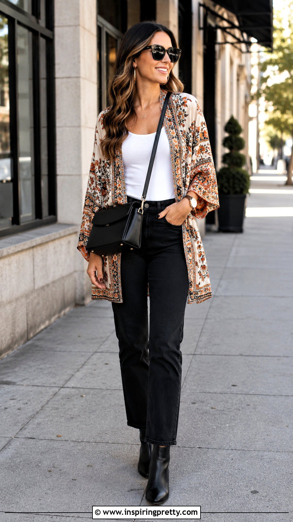Kimono Top With A White Tank And Black Jeans - 50 kimono top outfit ideas
