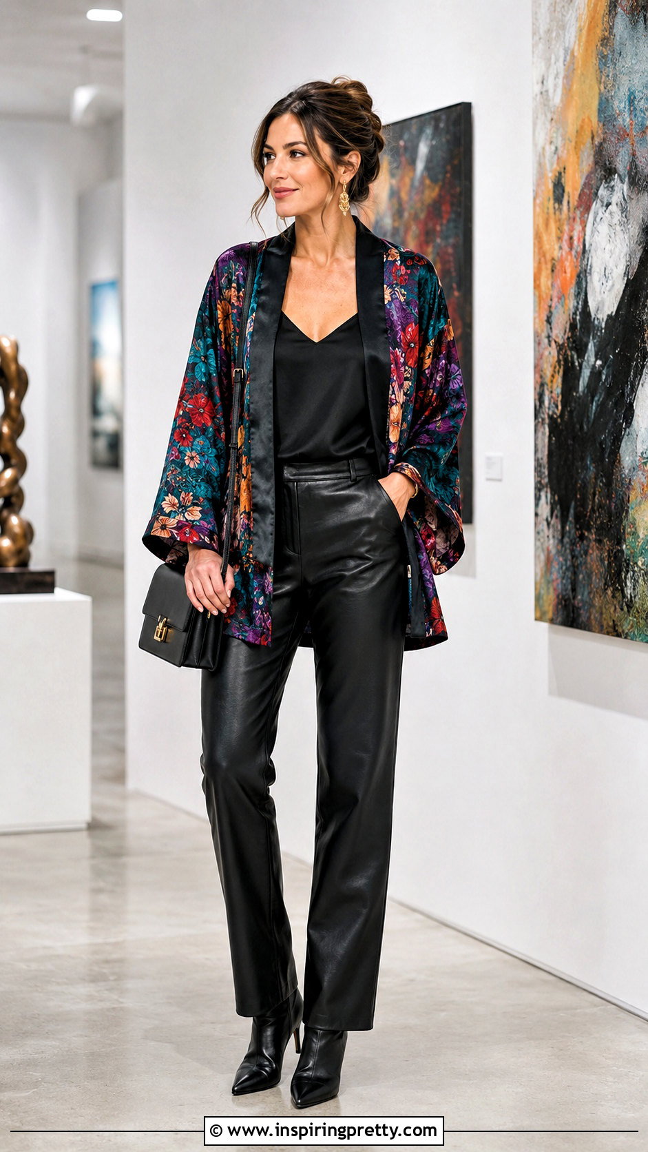 Kimono Top With Faux Leather Pants - 50 kimono top outfit ideas