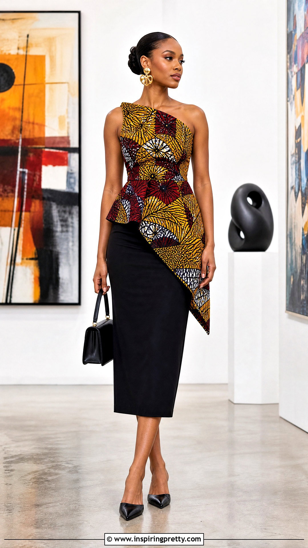 Kitenge Asymmetric Top With Black Skirt - 50 kitenge tops outfit ideas