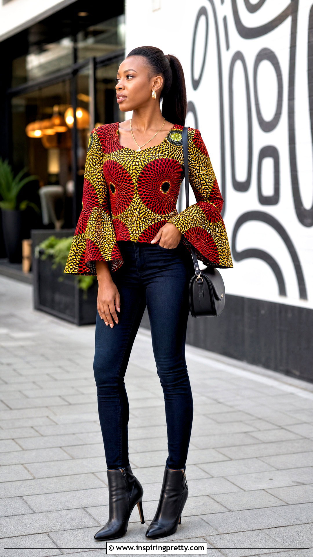 Kitenge Bell Sleeve Top With Skinny Jeans - 50 kitenge tops designs