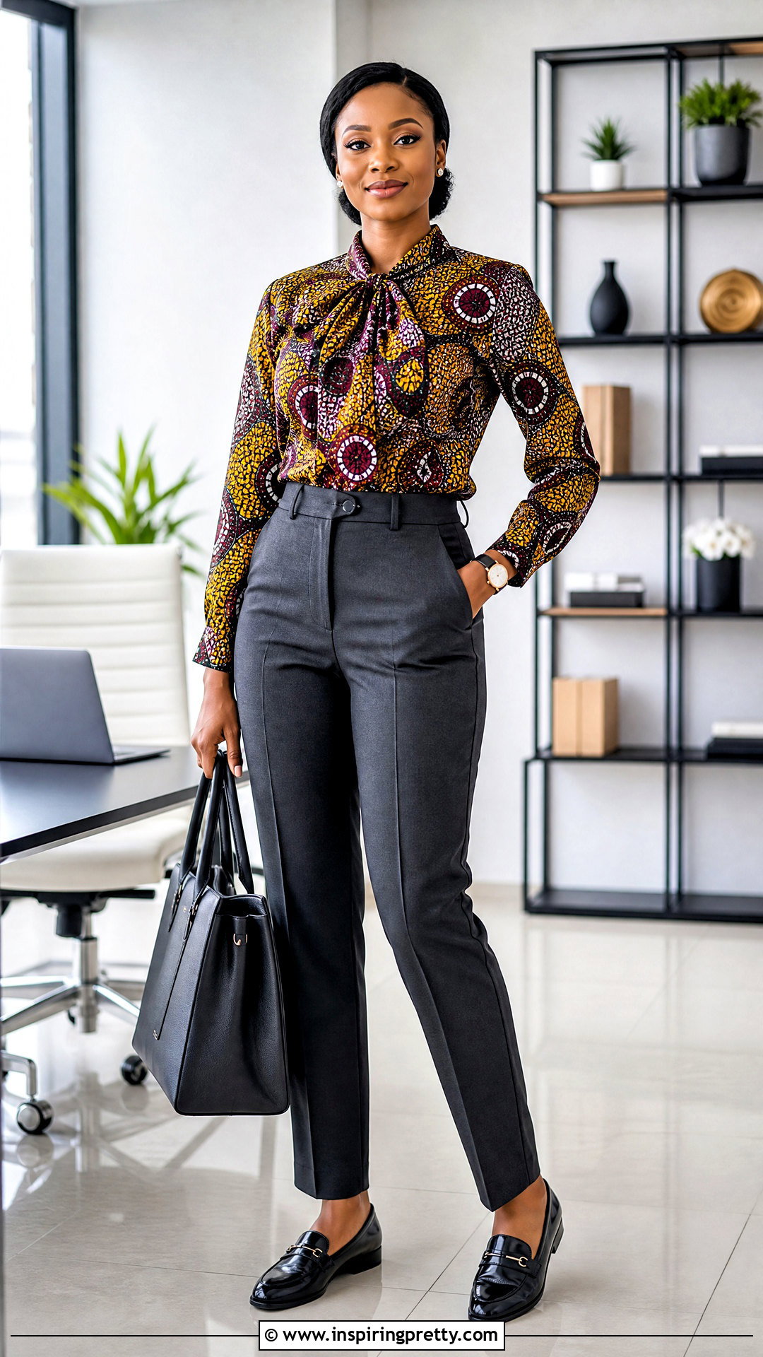 Kitenge Bow Neck Top With Office Trousers - 50 kitenge tops outfit ideas