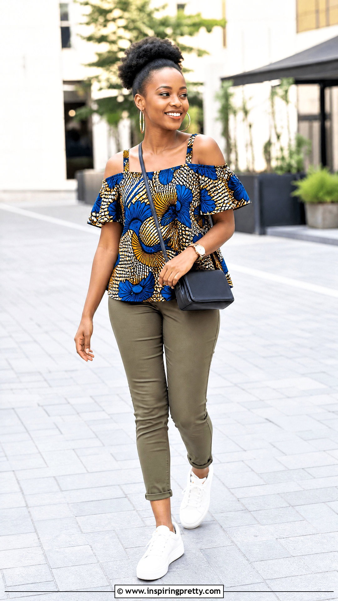Kitenge Cold Shoulder Top With Chinos - 50 kitenge tops outfit ideas