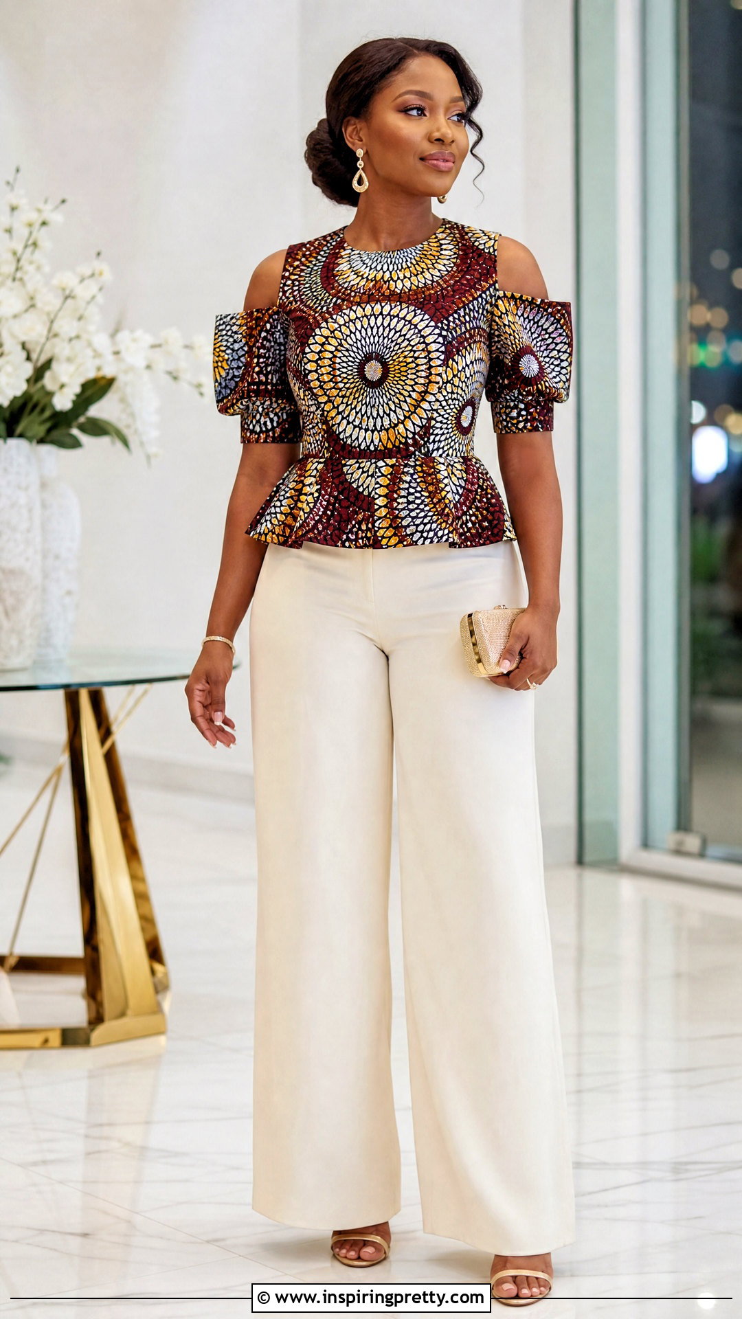 Kitenge Cutout Sleeve Top With Wide Leg Pants - 50 kitenge tops designs