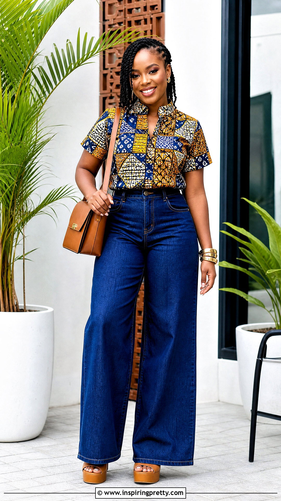Kitenge Mandarin Collar Top With Wide Leg Jeans - 50 kitenge tops designs