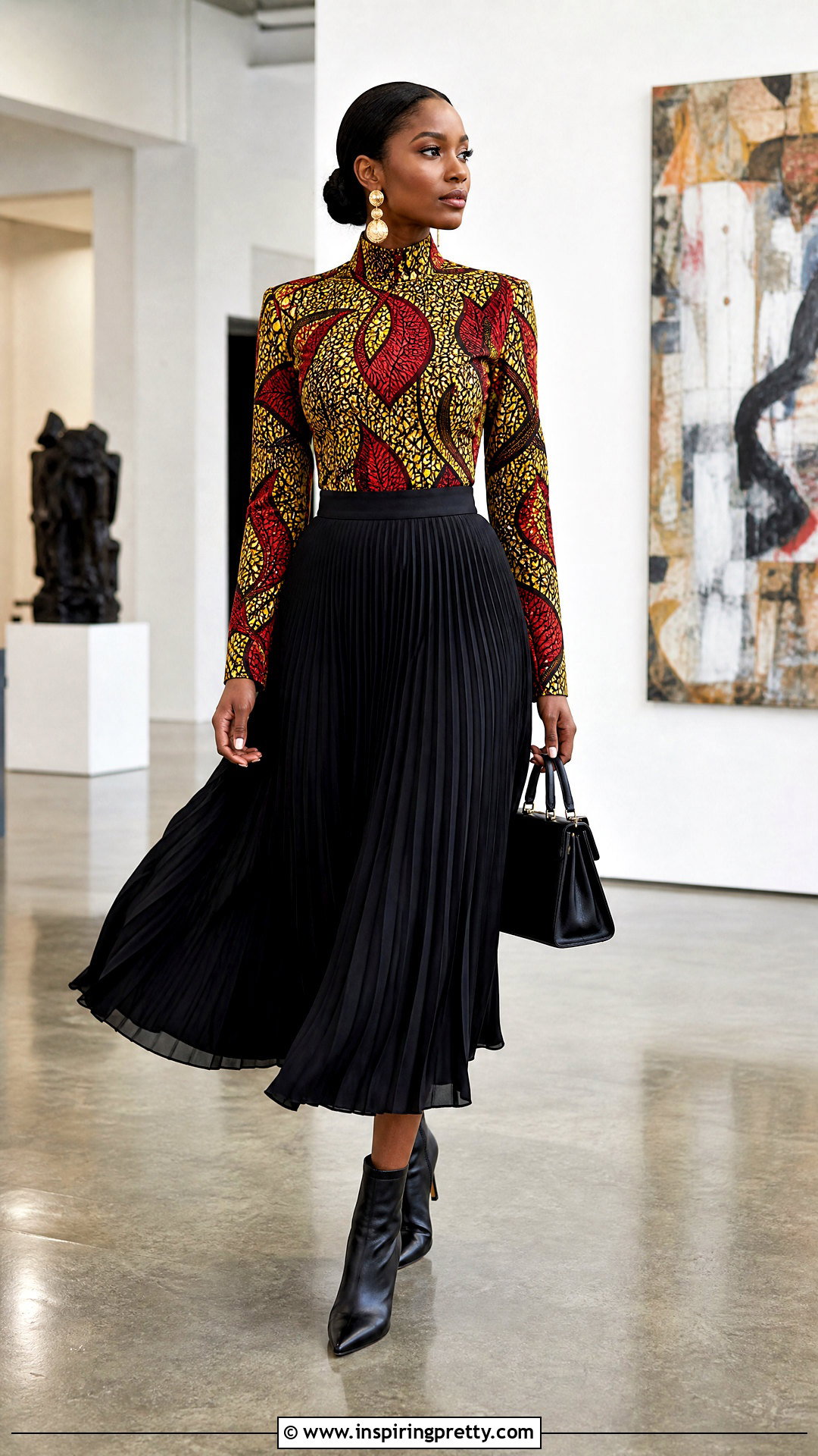 Kitenge Mock Neck Top With Pleated Skirt - 50 kitenge tops outfit ideas
