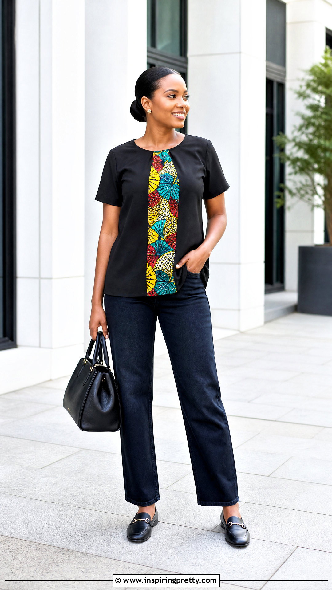 Kitenge Panel Top With Straight Leg Jeans - 50 kitenge tops outfit ideas