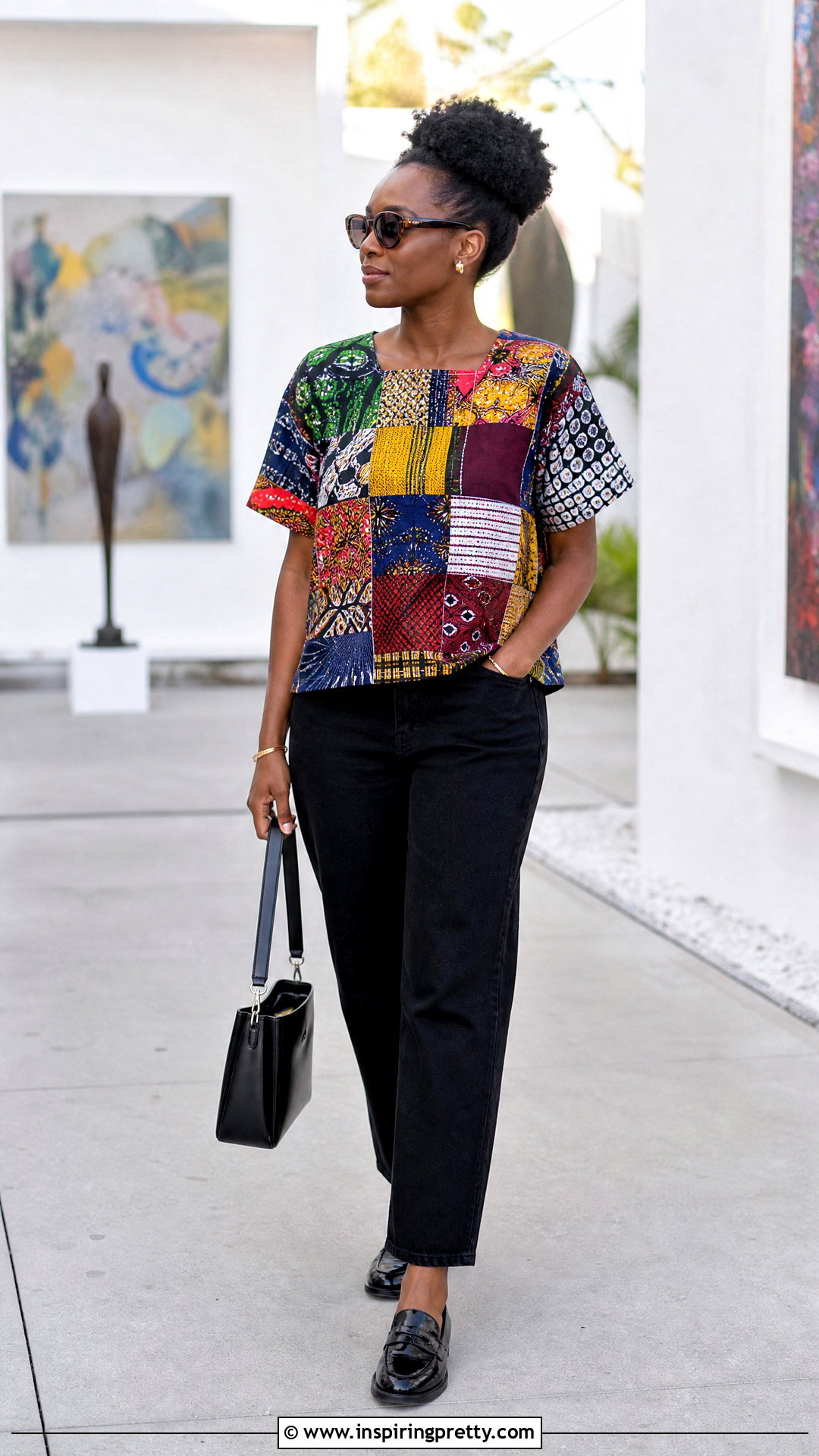 Kitenge Patchwork Top With Black Jeans - 50 kitenge tops designs