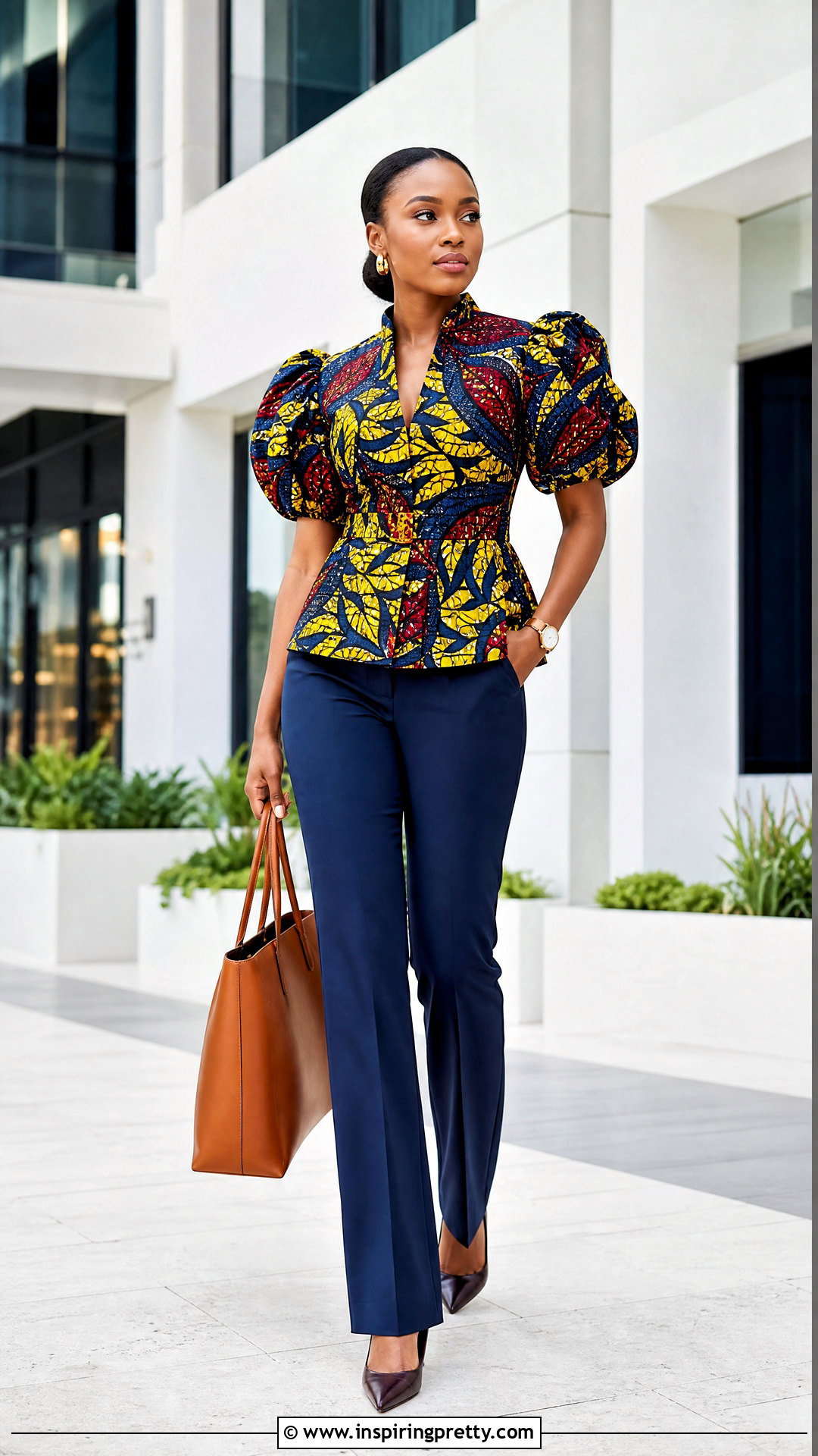 Kitenge Puff Sleeve Top With Straight Leg Trousers - 50 kitenge tops designs